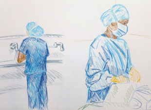 NURSES SCRUBBING AND SETTING UP THE SURGICAL TROLLEY | 32.9 x 48.3cms | Coloured Pencil on Paper | 2014 | SOLD