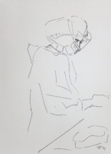 THE SCRUB NURSE SETTING UP THE TROLLEY | 21 x 14.8cms | Pen on Paper | 2014 | <a href="https://helenpurdie.co.uk/contact/">ENQUIRY</a>