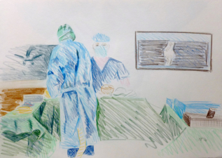 SETTING UP THE ORTHOPAERDIC TROLLEY | 32.9 x 48.3cms | Coloured Pencil on Paper | 2014 | <a href="https://helenpurdie.co.uk/contact/">ENQUIRY</a>