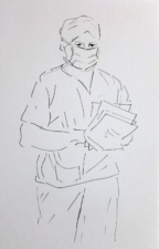 THE CIRCULATING NURSE CHECKING THE INSTRUMENTS LIST | 21 x 14.8cms | Pen on Paper | 2014 | SOLD