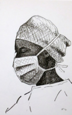 THE SCRUB NURSE WAITING FOR THE PATIENT TO COME THROUGH | 21 x 14.8cms | Pen on Paper | 2014 | <a href="https://helenpurdie.co.uk/contact/">ENQUIRY</a>