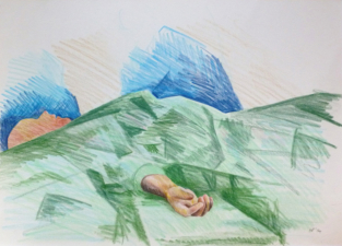 THE PATIENT UNDERGOING WRIST SURGERY ON THEIR LEFT ARM FIRST | 32.9 x 48.3cms | Coloured Pencil on Paper | 2014 | <a href="https://helenpurdie.co.uk/contact/">ENQUIRY</a>