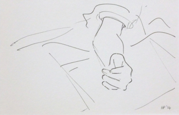 THE PATIENT PREPARED FOR WRIST SURGERY | 14.8 x 21cms | Pen on Paper | 2014 | <a href="https://helenpurdie.co.uk/contact/">ENQUIRY</a>