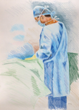 THE SPINAL SURGEON AT WORK 1 | 48.3 32.9cms | Coloured Pencil on Paper | 2014 | SOLD