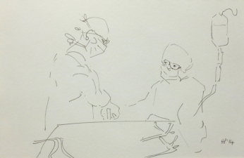 THE SPINAL SURGEON AND THE SCRUB NURSE | 14.8 x 21cms | Pen on Paper | 2014 | SOLD