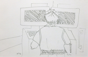 THE RADIOGRAPHER AT WORK WITH A LEAD COAT ON | 14.8 x 21cms | Pen on Paper | 2014 | <a href="https://helenpurdie.co.uk/contact/">ENQUIRY</a>