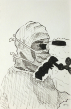 THE SPINAL SURGEON OPERATING WITH THE MICROSCOPE | 14.8 x 21cms | Pen on Paper | 2014 | SOLD