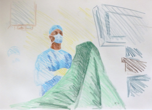 THE ORTHOPAEDIC SURGEON AT WORK 1 | 32.9 x 48.3cms | Coloured Pencil on Paper | 2014 | <a href="https://helenpurdie.co.uk/contact/">ENQUIRY</a>