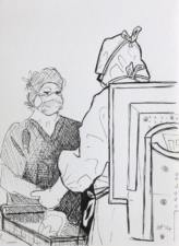 THE SCRUB NURSE AND THE COMPANY REP DISCUSSING EQUIPMENT | 21 x 14.8cms | Pen on Paper | 2014 | <a href="https://helenpurdie.co.uk/contact/">ENQUIRY</a>