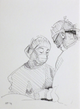 THE SCRUB NURSE AND THE GENERAL SURGEON | 21 x 14.8cms | Pen on Paper | 2014 | SOLD