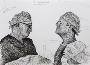 THE ANAESTHRTIST AND THE SCRUB TEAM DURING LAPAROSCOPIC CHOLECYSTECTOMY SURGERY | 14.8 x 21cms | Pen on Paper | 2014 | SOLD