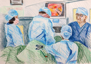 LAPAROSCOPIC FUNDOPLICATION SURGERY | 32.9 x 48.3cms | Coloured Pencil on Paper | 2014 | <a href="https://helenpurdie.co.uk/contact/">ENQUIRY</a>
