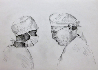 THE SCRUB NURSE AND THE SURGEON | 32.9 x 48.3cms | Graphite Pencil on Paper | 2014 | SOLD
