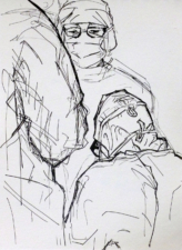 THE SCRUB TEAM DURING ANKLE SURGERY | 21 x 14.8cms | Pen on Paper | 2014 | SOLD